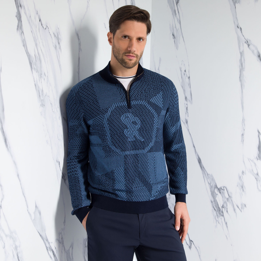 Louis Vuitton Blue Cities Jacquard Knit Half Zip Sweater L Louis Vuitton