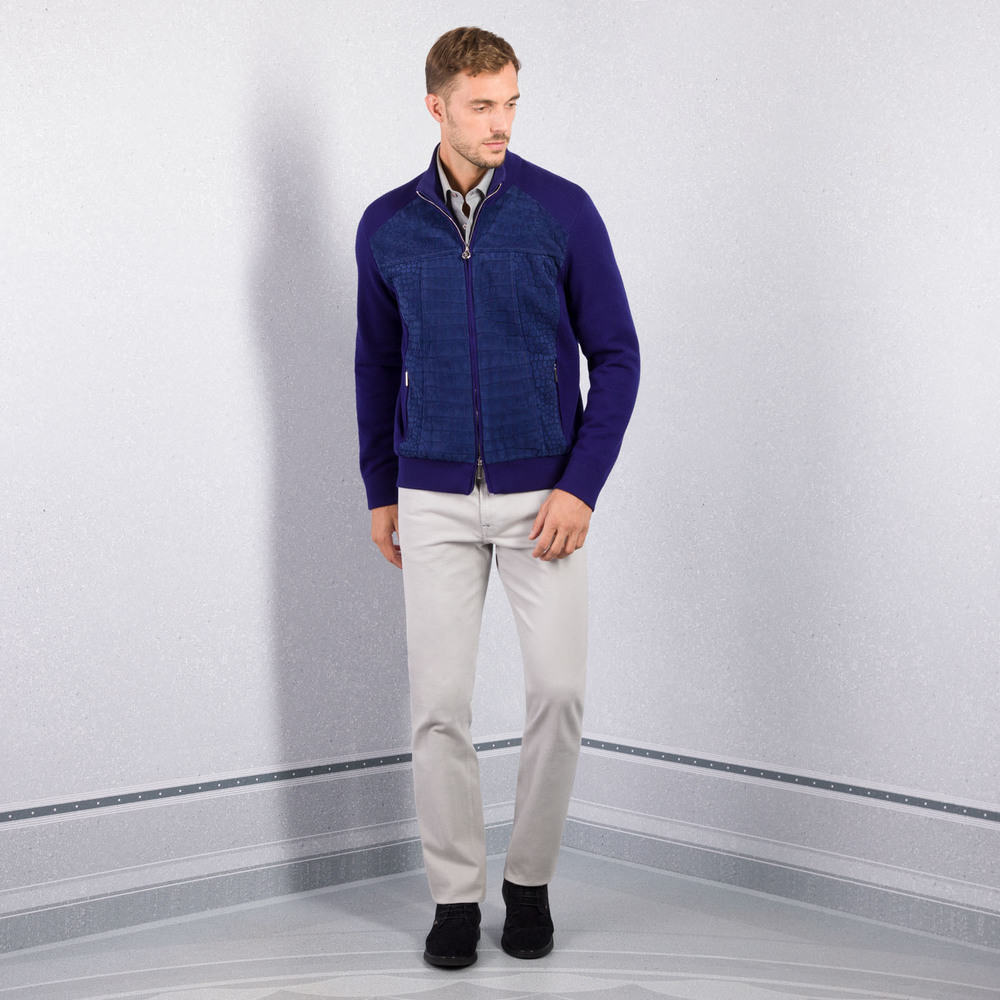 Knit blouson with crocodile leather inserts by STEFANO RICCI