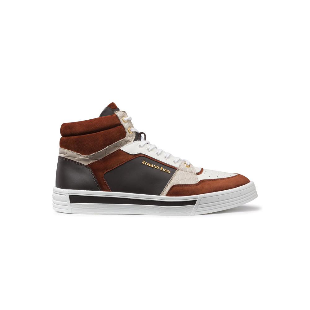 Suede, calfskin and crocodile leather high top sneakers by STEFANO 